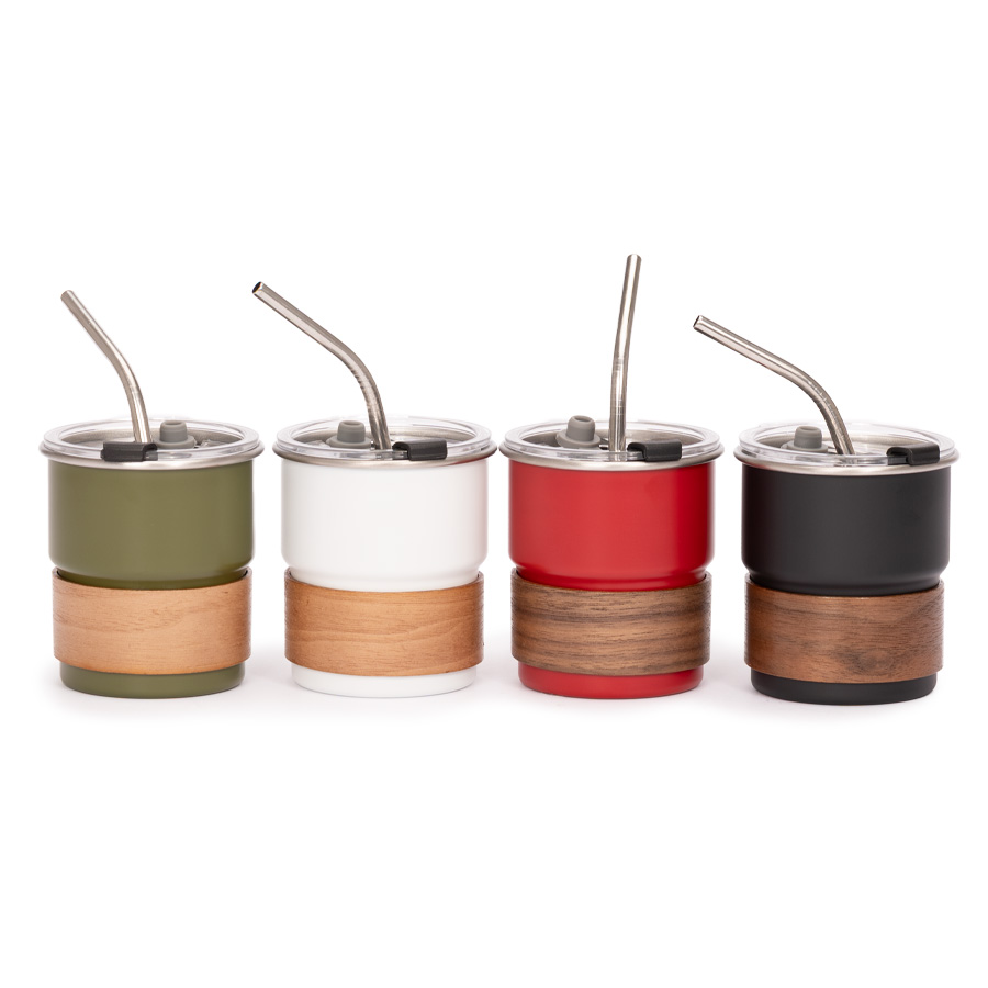 Vaso Térmico metálico "CAMP" 300cc. con Bombilla y Grip de Madera.